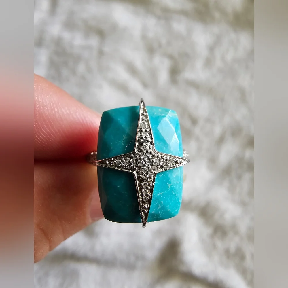 Turquoise and white topaz silver ring